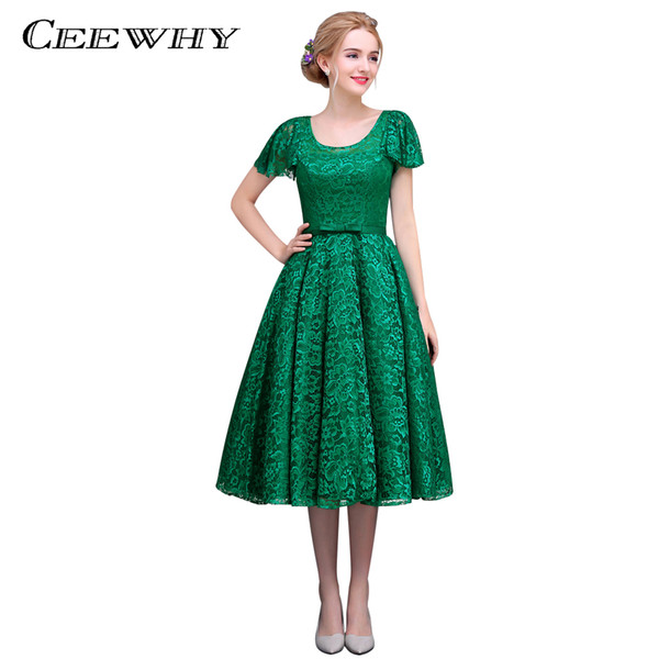 CEEWHY Green Scoop Short Sleeve Lace Prom Dresses Tea-length Evening Dress Robe Soiree Courte et Chic Short Christmas Dress