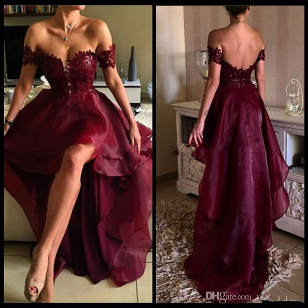 Off The Shoulder High Low Burgundy Evening Dresses Prom Dress 2017 Sexy Backless Lace Evening Gowns Party Dresses Open Back Hi-Lo Prom Gowns