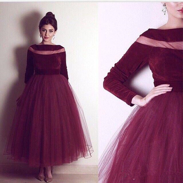 Arabic Dubai Burgundy Prom Dresses Tulle Evening Party Dresses Long Sleeve A-Line Evening Gowns Velvet Tulle Party Gowns Graduation Dresses