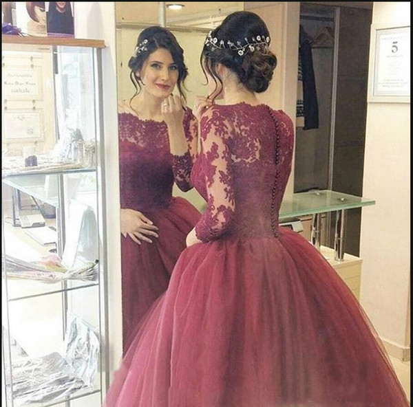 Burgundy Lace Evening Dresses Princess Ball Gown Puffy Prom Dresses Formal Occasion Party Dress evening gowns vestido de festa Long Sleeve