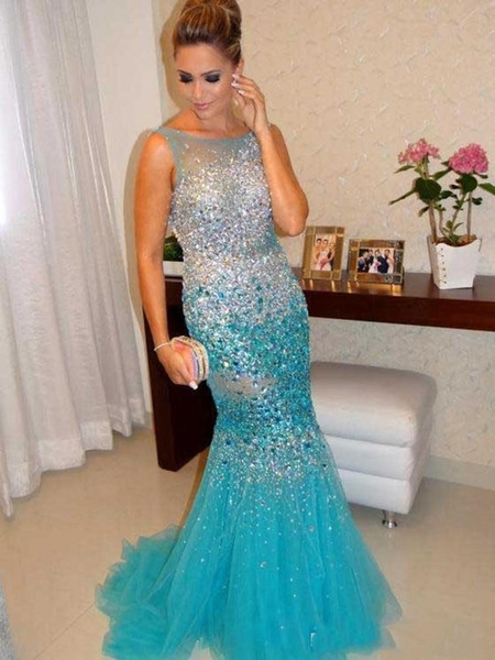 Sexy Open Back Blue Rhinestone Evening Prom Dresses Luxury Crystal South Africa Arabic Formal Occasion Dress evening party gowns Plus Size