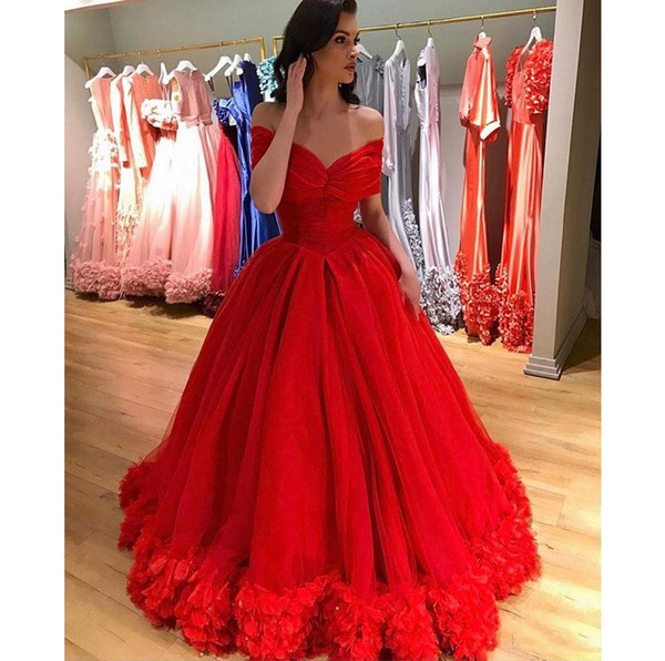 Elegant Red 3D Floral Applique Evening Party Dresses evening wear 2017 Prom Dress Off the Shoulder Women Formal Party Gowns robe de soiree