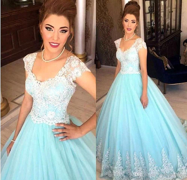 Light Sky Lace Evening Dresses dubai arabic Princess pageant dresses Quinceanera Dresses Prom Gowns Lace Applique Graduation Party Dress 16