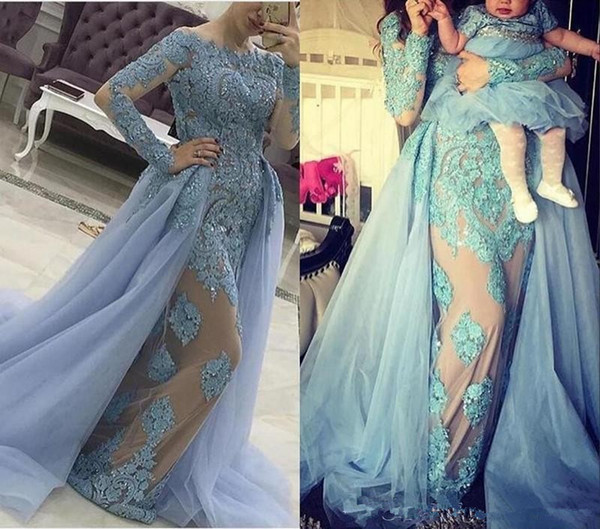 Sky Blue Lace Mermaid Evening Dresses Long Sleeves Luxury Beaded Formal Party Dress Arabic Occasion Dress Overskirt Evening Gowns Prom Gowns