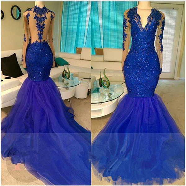 Royal Blue Evening Dresses Lace Top V Neck Sequin Prom Party Gowns Lace Formal Mermaid Evening Gowns Long Sleeve Bridal Party Dresses