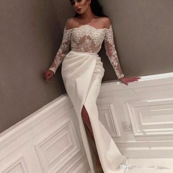 Saudi Arabic Lace Evening Dresses Off The Shoulder Long Sleeve See Through Evening Gowns Appliqued Dubai Kaftan Dress Split Party Dresses