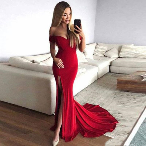 Simple Red Evening Dresses Off the Shoulder Split Event Party Dress pageant gowns vestido de festa longo Prom Dresses graduation gowns