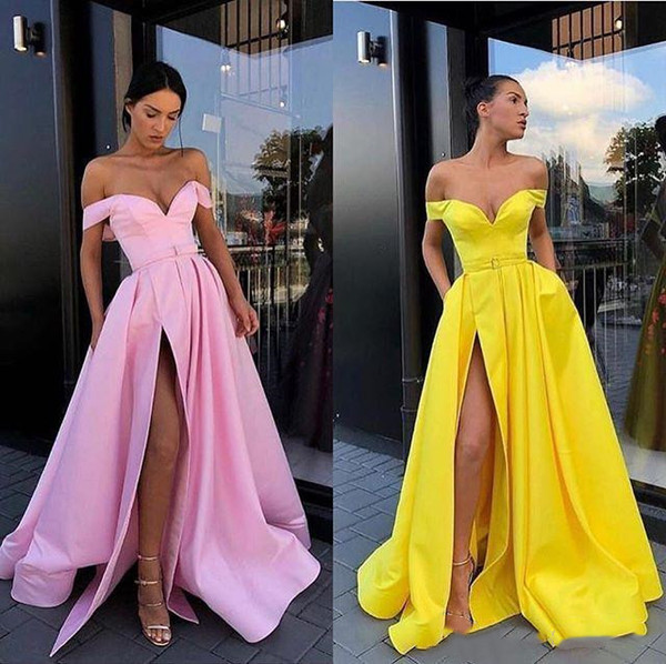 Simple Long Prom Dresses Split Party Dress pageant gowns vestido de festa longo Evening Dresses graduation gowns Off the Shoulder