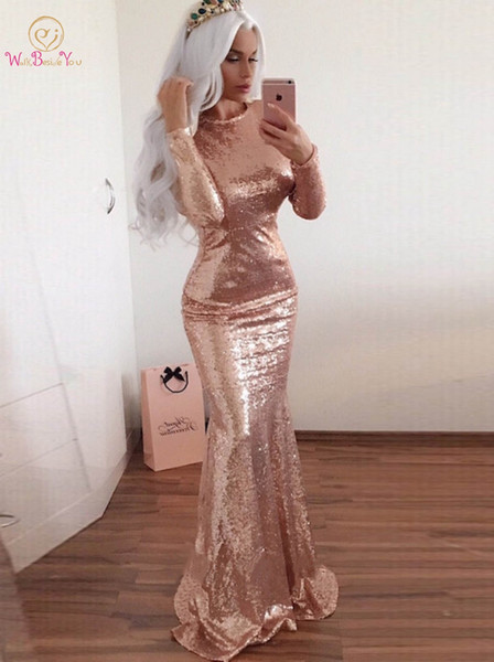 WALK BESIDE YOU EVENING DRESSES SPARKLING GOLD SEQUIN HIGH NECKLINE LONG SLEEVE MERMAID SWEEP TRAIN PROM GOWN