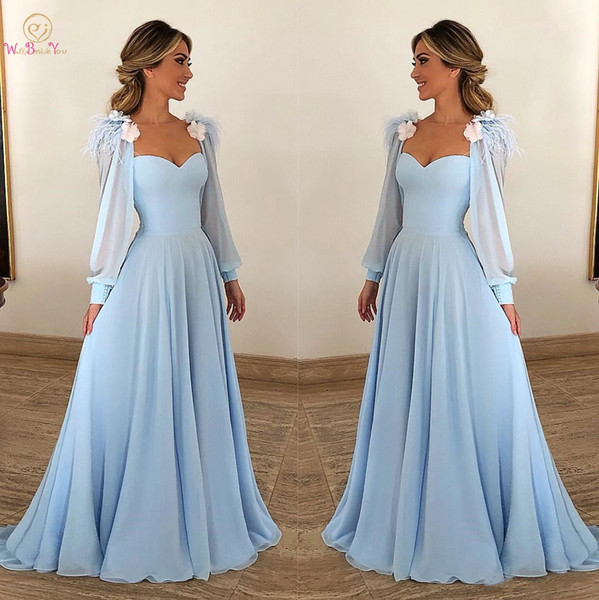 Walk Beside You Sky Blue Evening Dresses Chiffon with Jacket Long Sleeves with Feather Flower A-line Prom Gown Formal Dress 