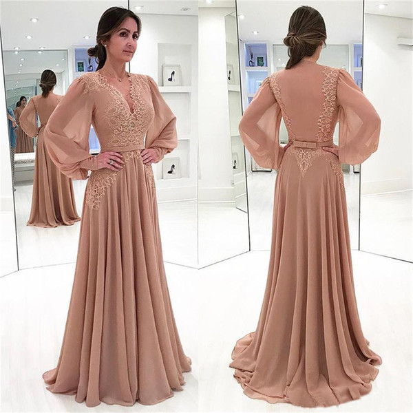 Elegant Muslim Evening Dresses Nude A-line Long Sleeves Chiffon Lace Sash Islamic Dubai Saudi Arabic Long Evening Gown Prom Formal