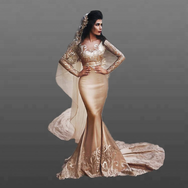 Sexy Two Piece Mermaid Evening Dresses Satin Lace Appliques Sequined Sweep Train With Long Sleeve Champagne Sexy Party Gowns