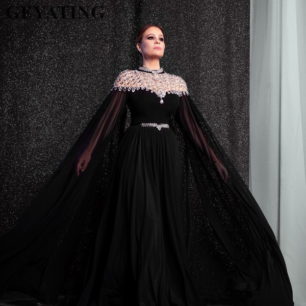 Yousef Aljasmi Black Chiffon Long Arabic Evening Dress with Cape Sleeves Crystal Rhinestones High Neck Dubai Prom Formal Dresses