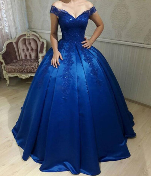 ZYLLGF Royal Blue Ball Gown Evening Dresses Off Shoulder Appliques Beaded Satin Corset Prom Dresses Quinceanera Dresses Sweet 16 Gowns