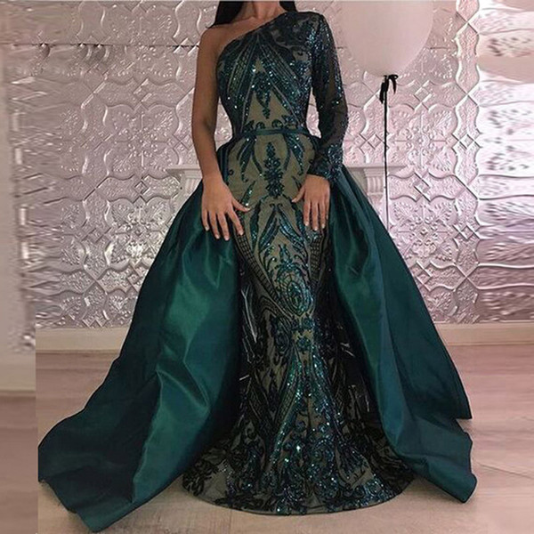 ZYLLGF Luxury Dark Green Evening Dresses One Shoulder Saudi Arabia Dresses Mermaid Sequined Prom Gown With Detachable Train Custom Made