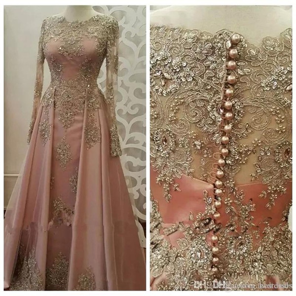 ZYLLGF Bateau Long Sleeves Formal Evening Dresses for Women Lace Appliques Beaded Abiye Dubai Caftan Muslim Prom Party Gowns