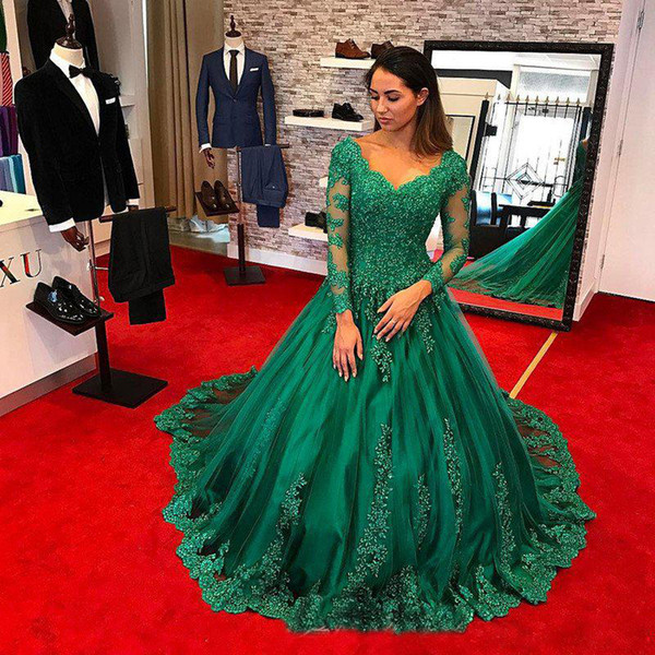 2017 Emerald Green Lace Appliques Long Sleeves Evening Dress A Line V neck Court Train Women Formal Evening Party Dress Gowns Royal Blue