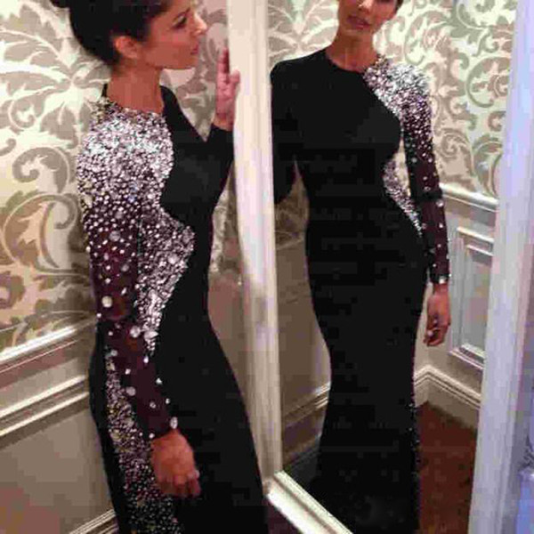 ZYLLGF Crystal Beaded Black Long Sleeve Mermaid Evening Dresses Jewel Neck Sweep Train Muslim Prom Gowns Party Dresses