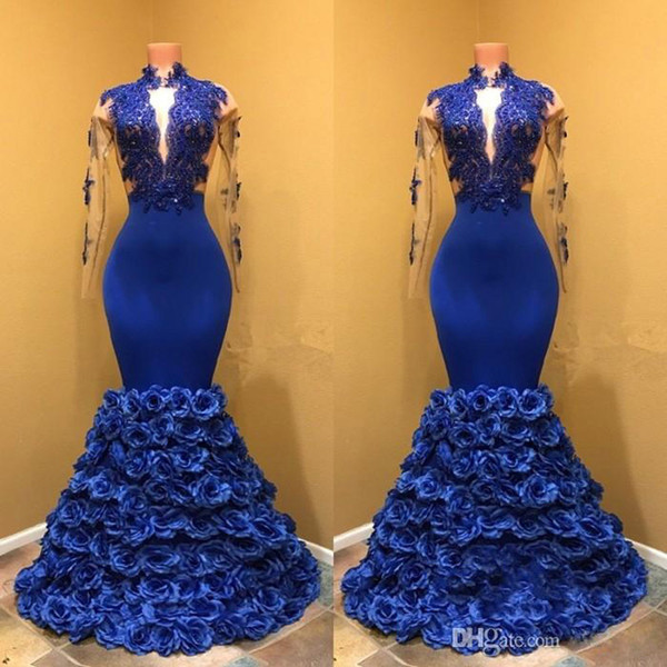 ZYLLGF Royal Blue Long Sleeves Evening Dresses Mermaid Prom Dresses Lace Appliques African Women Formal Evening Wear Party Gowns