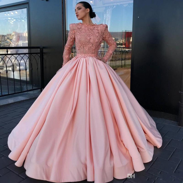 ZYLLGF Vintage Long Sleeves Pink Arabic Dubai Evening Dresses Formal Ball Gowns Sheer Appliques Pearls Pageant Celebrity Gowns Prom Dress