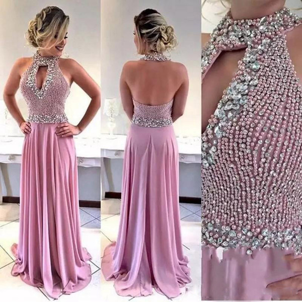 ZYLLGF Evening Dresses Halter Sleeveless Beaded Sheath Prom Gowns Open Back Formal Evening Party Gowns With Pearls Custom Made