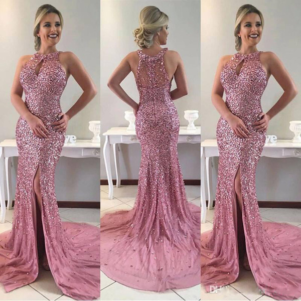 ZYLLGF Sparkle Bling Sequined Split Evening Dresses 2018 Popular Halter Keyhole Neckline Sweep Train Prom Gowns Party Wear Formal Vestidos