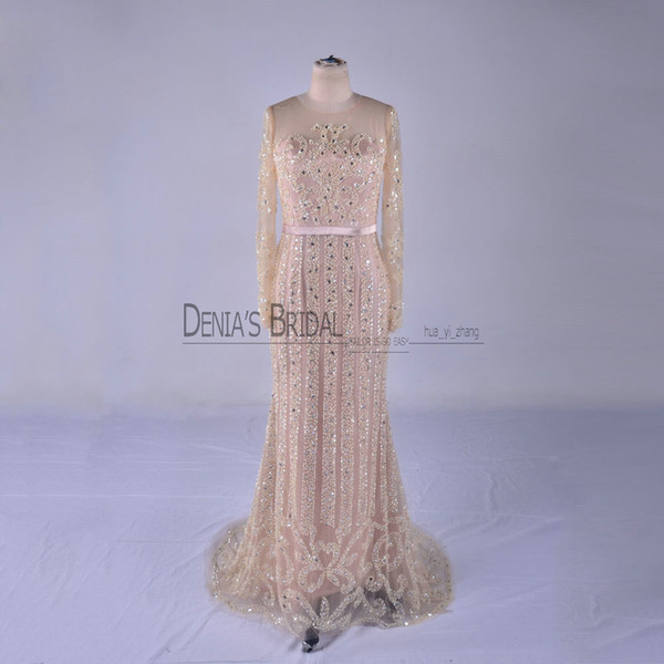 Sheer Sheath Prom Dresses with Jewel Neckline Sweep Train Long Sleeves Beadeds Pearls Crystal Belts Party Evening Gowns