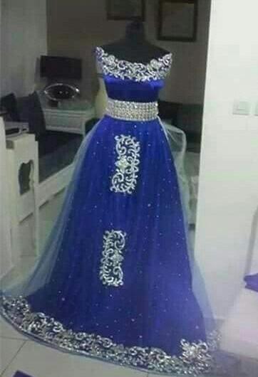 A-Line Evening Dresses with Off Shoulder Sleeveless Floor Length Rhinestones Appliques Kaften Bling Royal Blue Belt Arabic Prom Gowns