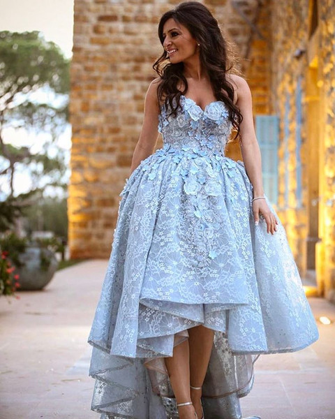 2017 Hi-Lo Ball Gown Evening Dresses with Sweetheart Neckline Strapless Lace Handmade Flowers Floor Length Light Sky Blue Party Prom Gowns