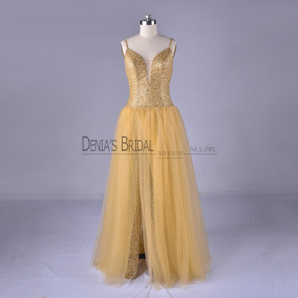 Fairy Gold A-Line Evening Dresses with Dropped Waist Spaghetti Bling Glitter Tulle Backless Sexy Party Prom Gowns