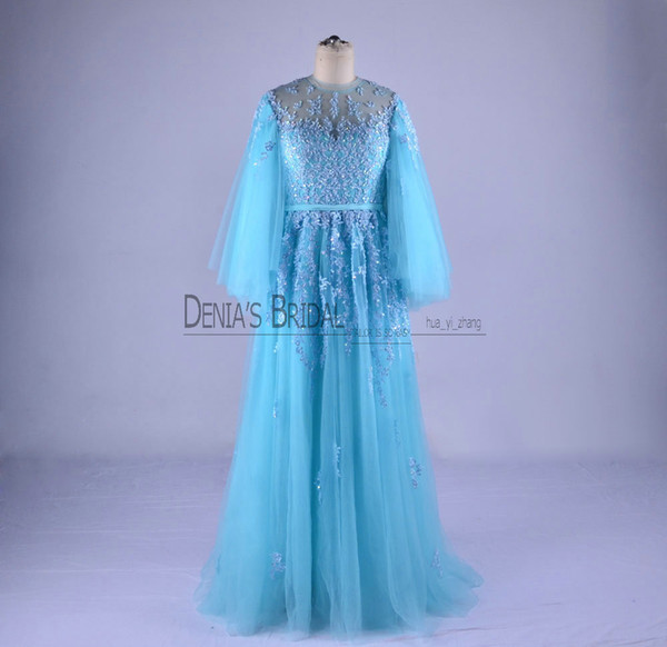 2017 A-Line Evening Dresses with Jewel Neckline Long Sleeves Floor Length Appliques Beadeds Sequins Blue Tulle Party Prom Gowns