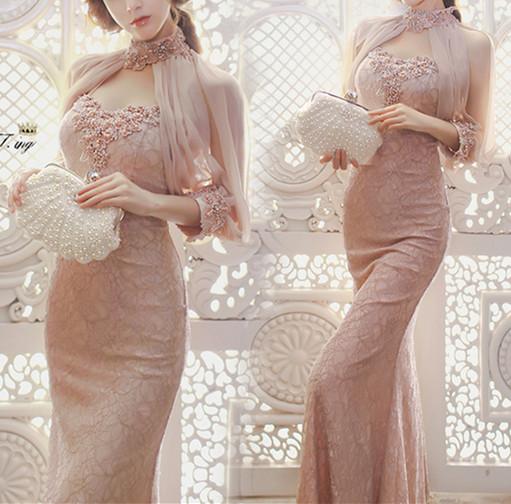 2017 Elegant Sheath Evening Dresses with Split 1/2 Sleeves High Neck Lace Back Lace-up Beadeds Pearls Crystal Prom Gowns