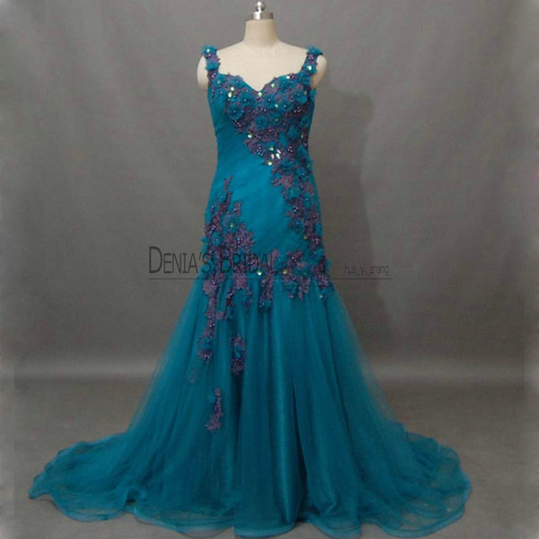 2017 Mermaid Evening Dresses with Sweetheart Neck Strapless Appliques Handmade Flowers Pearls Crystal Real Photos Peacock Blue Prom Gowns