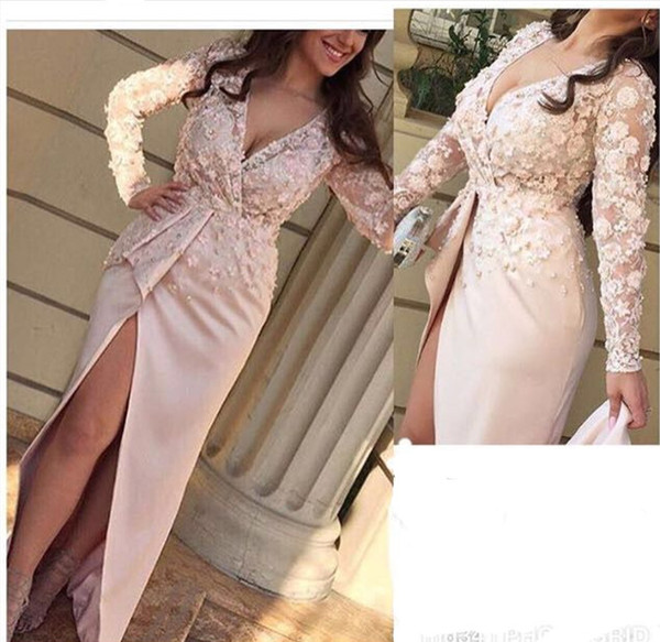 2017 Pink Sheath Evening Dresses with Side Split Vestidos Plunging V Neck Sheer Long Sleeves 3D Appliques Handmade Flowers Party Prom Gowns