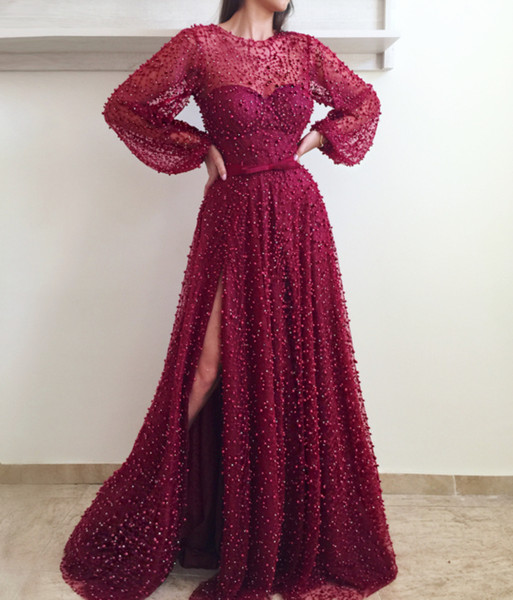 Luxury Evening Dresses Dubai Beaded Lace with Puffy Long Sleeves Side Split Bling Rhinestones Pearls Bow Belt Plus Size Prom Gowns