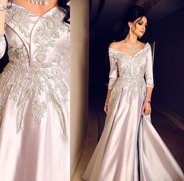 2017 Silver A-line Evening Dresses with Portrait Neckline 3/4 Long Sleeve Floor Length V-Neck Beaded Applique Taffeta Middle East Prom Gowns