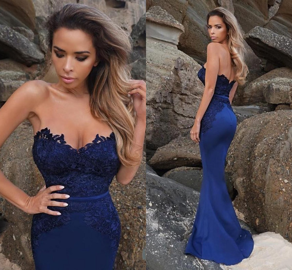 2017 Royal Blue Mermaid Evening Dresses Applique Lace Sweetheart Backless Prom Dress Floor Length Special Occasion Dress Mother Dress