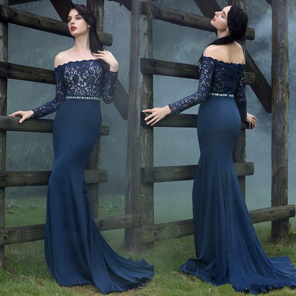 Elegant Dark Navy Mermaid Evening Dresses Off Shoulder Long Sleeves Lace Prom Dress Custom Made Special Occasion Dress Mother Dress