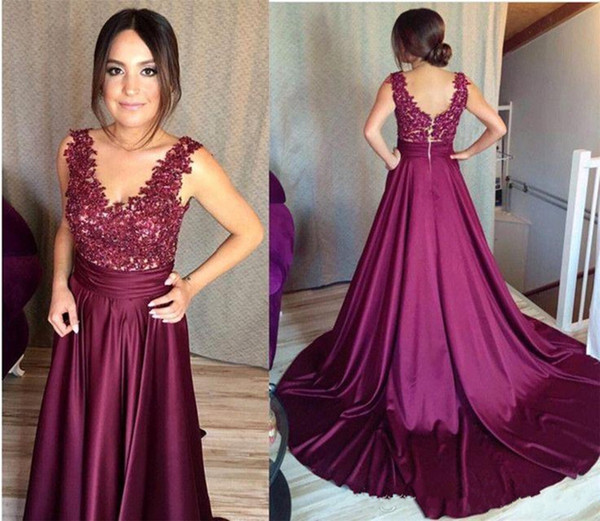 2017 Simple Grape A-line Dresses Evening Wear With Applique Lace V-neck Backless Prom Dress Custom Made Cheap Special Occasion Dress