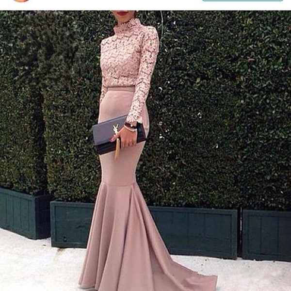 New Dubai Arabic Evening Dresses Lace Top High neck Long Sleeves Mermaid Prom Dress 2017 Fashion Pink Special Occasion Dress Custom Made