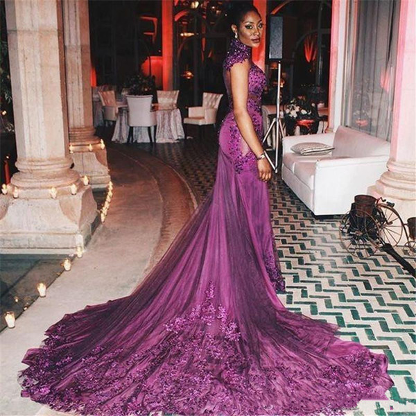 Chic Purple High Neck Mermaid Evening Dresses Cap Sleeves Applique Lace Beaded Prom Dress Custom Made Sweep Train Long Evening Dress