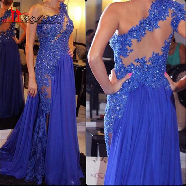 Luxury Arabic Dubai Formal Evening Dresses Applique Lace Crystal One Shoulder Illusion Prom Dress See Through Chiffon Evening Gowns