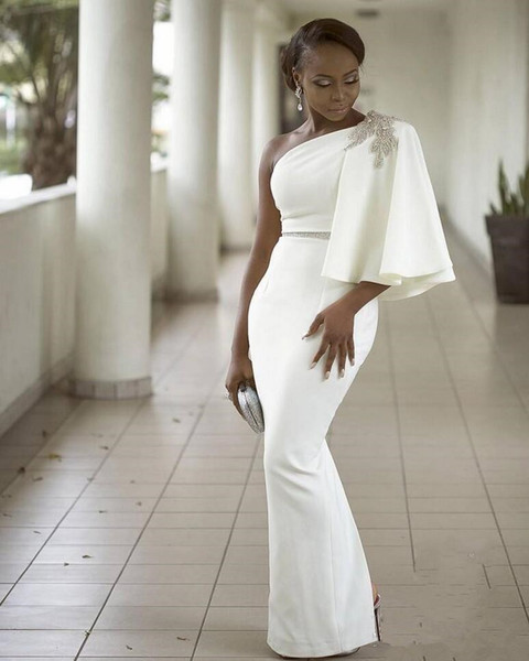 African White Sheath Evening Dresses New Design Fashionable Custom Hot Selling Beaded One Shoulder Long Formal Prom Party Gowns E051