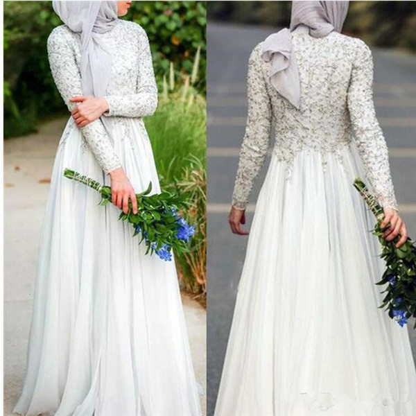 Muslim Long Sleeve Evening Dresses New Design Custom Luxury Beads Pleats A-Line High Neck Silver Chiffon Women Prom Party Gowns E021