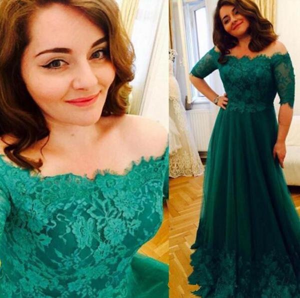 Green Lace Plus Size Evening Dresses Hot Selling New Sweep Train Applique A-Line Off-the-shoulder Tulle Mother of Bride Dresses E205