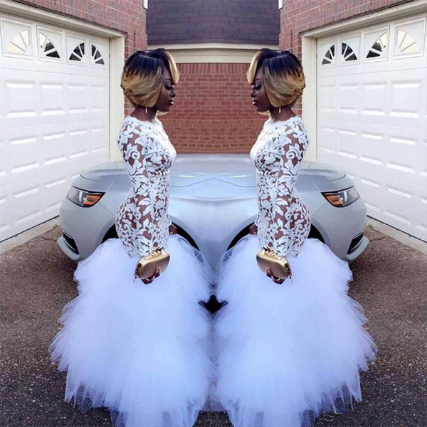 African White Mermaid Evening Dresses Foor Length Jewel Neckline Ruffled Tulle Long Sleeve Lace Prom Party Gowns Special Occasion E206