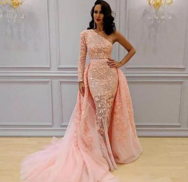 Blush Pink Lace Mermiad Evening Dresses Detachable Skirt One Shoulder Long Sleeve Sheer Formal Prom Party Gowns Vestidos De Fiesta E127