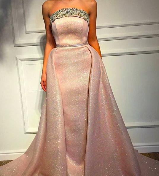 Strapless Evening Dresses Long Detachable Skirt Nude Pink Arabic Evening Gown