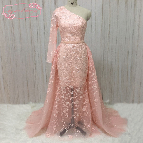 One Shoulder Detachable Skirt Evening Dresses Long Lace Applique Pink Evening Gown Vestido De Festa