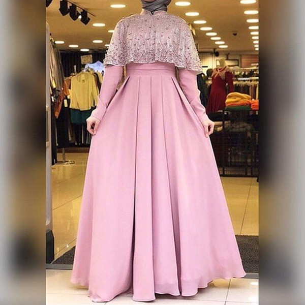 Pink Prom Dresses High Neck Pearls with Jacket A Line Satin Floor Length Evening Dresses Gowns Muslim